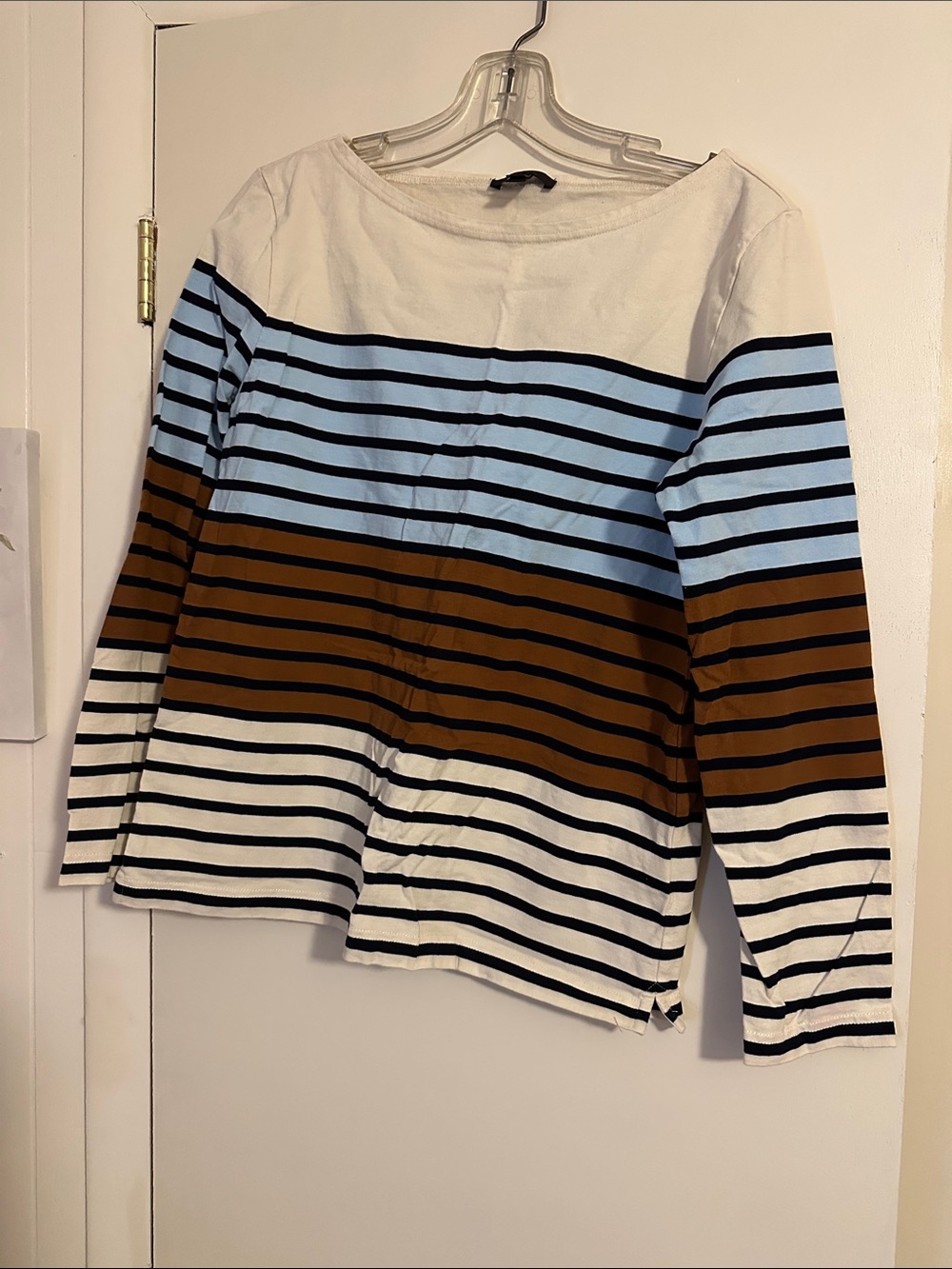 J. Crew Striped Long-Sleeve Top in Light Blue, Brown & White